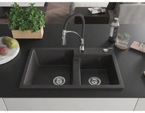Mexen Tomas, 2-komorový granitový drez 800x500x190 mm a drezová batéria Aster, čierna škvrnitá, 6516-76-73450-07