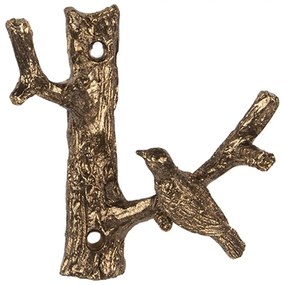 Zlatý antik nástenný kovový vešiak s vtáčikom - 9*5*9 cm