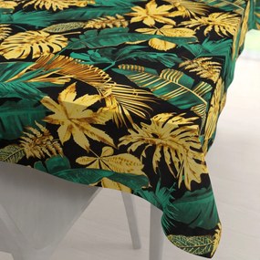 Biante Bavlnený obdĺžnikový obrus Sandra SA-603 Zeleno-zlaté tropické listy na čiernom 60x100 cm