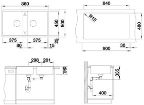 Blanco Zia 9, silgranitový drez 860x500x190 mm, 2-komorový, biela soft, BLA-527210