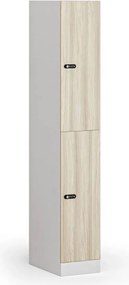 Šatníková skrinka S1 s úložnými boxmi, 2 boxy, 1850 x 300 x 500 mm, mechanický kódový zámok, laminované dvere, dub prírodný