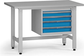 Výškovo nastaviteľný dielenský stôl G5, 1200 x 750 x 800-1000 mm, 1x kontajner, 4 zásuvky, modrá
