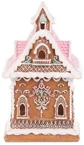 Vianočná dekorácia Perníková chalúpka s ružovou strechou, polyresin, LED, hnedá