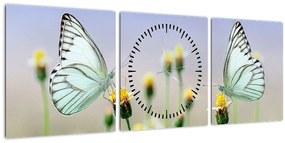Obraz motýľov na kvetine (s hodinami) (90x30 cm)