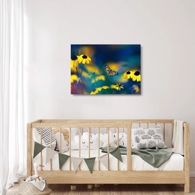 Sklenený obraz - Žltý motýľ s kvetmi (70x50 cm)