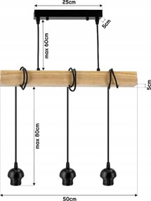 BERGE LED závesné stropné svietidlo, drevený trám, 3xE27, Luster, guľa, bezfarebný