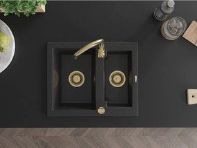 Mexen Carlos, granitový drez 582x475x177 mm, 1,5-komorový, čierna-strieborná metalíza so zlatým sifónom, 6518581500-73-G