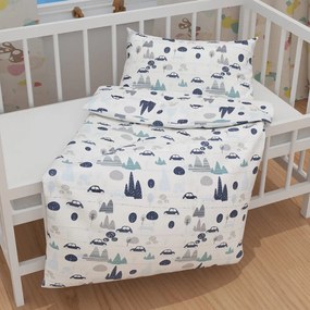 Biante Detské bavlnené posteľné obliečky do postieľky Sandra SA-685 Modré autá medzi stromami na bielom Do postieľky 90x120 a 40x60 cm