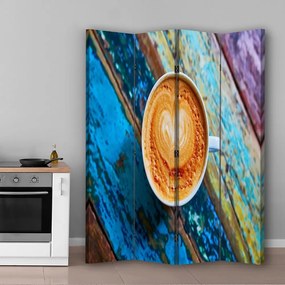 Ozdobný paraván Šálky na kávu Retro Wood - 145x170 cm, štvordielny, obojstranný paraván 360°