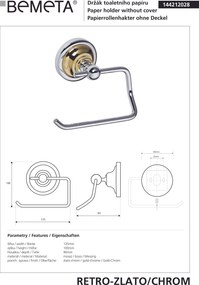 Bemeta Design RETRO gold-chrom: Držiak toaletného papiera, bez krytu - 144212028