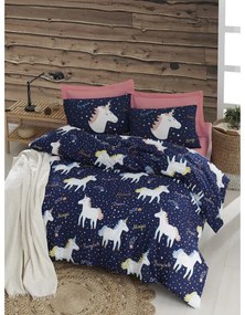 Obliečky s plachtou na dvojlôžko Eponj Home Magic Unicorn Dark Blue, 200 x 220 cm