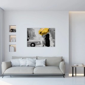 Obraz - Zamilovaný pár pod dáždnikom, žltý (90x60 cm)
