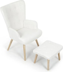 Relaxačné kreslo ušiak ROMEO II + taburet — masívne drevo, látka bouclé, prírodná / biela