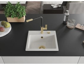 Mexen Milo, 1-komorový granitový drez 435x410x171 mm a drezová batéria Flora, biela, 6505-20-670401-57-G