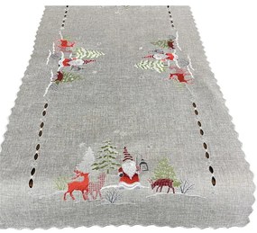 Sivá vianočná štóla s výšivkou škriatka a sobov Šírka: 40 cm | Dĺžka: 85 cm