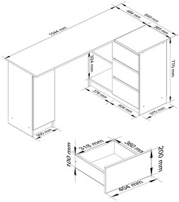 Rohový písací stôl so šuplíkmi B20 155 x 85 cm hnedý