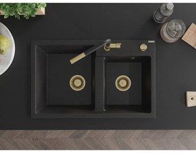Mexen Tomas, 2-komorový granitový drez 800x500x190 mm a drezová batéria Flora, čierna-strieborná metalíza, 6516-73-670401-57-G