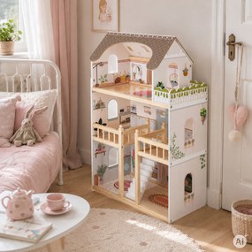 Drevený domček pre bábiky Laura, 3 poschodia, 5 izieb, 15 kusov nábytku, ECOTOYS