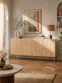 Komoda Nicole 200 cm štvordverová - Biely / Dub artisan / zlote nozki