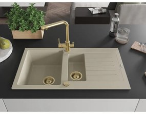 Mexen Matias, granitový drez 900x505x200 mm, 1,5-komorový a zlatá batéria Duero, béžová, 6502-69-671600-50