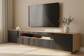 Loftová RTV skrinka 200 cm dvojdverová s výklenkom - artisan / čierny mat