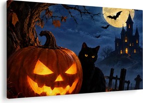 Obraz - Čierna mačka pri svietiacej tekvici na Halloween (90x60 cm)