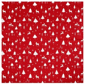 Obrus červený - vianočný vzor, 100% polyester, 80 x 80 cm.