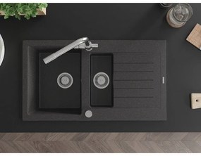 Mexen Matias, granitový drez 900x505x200 mm, 1,5-komorový a chrómová batéria Duero, čierna škvrnitá, 6502-76-671600-00