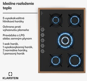 Klarstein Lumiflame plynová varná doska, 5 horákov, medený rám, elektrické zapaľovanie, výkon 10,4 kW