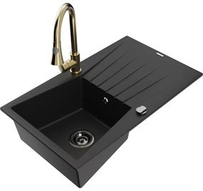Mexen Cesar, 1-komorový granitový drez 775x470x190 mm a drezová batéria Elia, čierna, 6514-77-670101-50-B