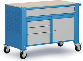Pojazdný dielenský stôl G9, 1 skrinka, 5 zásuviek, 1180 x 595 x 865-1130 mm, sivá/modrá