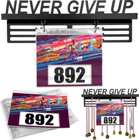 Kovový vešiak na medaily a štartové čísla NEVER GIVE UP - čierny