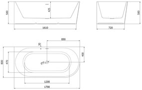 Mexen Silo, rohová voľne stojaca ryhovaná vaňa, ľavá, 170 x 80 cm, biela lesklá, zlatý lesklý prepad, 52891708000L-50