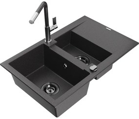Mexen Gaspar, 1,5-komorový granitový drez 737x475x177 mm a drezová batéria Flora, čierna škvrnitá, 6507-76-670401-08-B