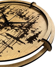 Drevené nástenné hodiny Lesná chatka pri jazere | SENTOP HDF0585-GOLD-OAK