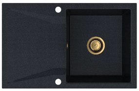 Sink Quality Obsidian, kuchynský granitový drez 790x500x210 mm + zlatý sifón, čierna škvrnitá-Brocade, SKQ-OBS.B.1KDO.XG