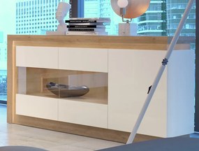 Komoda s presklením Lyon, dub riviéra/biely lesk, s osvetlením