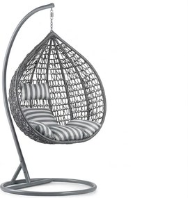 Sivé závesné kreslo KOKON so stojanom, bielo-sivý vankúš