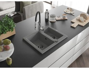 Mexen Carlos, 1,5-komorový granitový drez 582x475x177 mm a drezová batéria Aster, šedá, 6518-71-73450-07-B