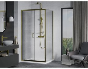 Mexen Apia, sprchový kút s posuvnými dverami 100 (dvere) x 90 (stena) cm, 6mm číre sklo, zlatý profil + biela sprchová vanička SLIM, 840-100-090-50-00-4010G