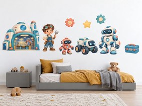 Malý vynálezca a roboti technické akvarelové nálepky na stenu pre malých vynálezcov arch 46 x 33 cm