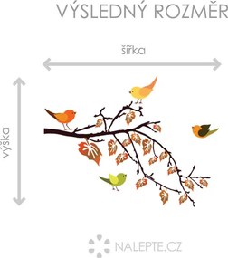 Vetva s vtáčikmi textilní prelepiteľná nálepka na stenu list 45 x 33 cm