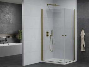 Mexen Pretoria Duo, sprchovací kút s 2-krídlovými dverami 80 (dvere) x 70 (dvere) cm, 6mm číre sklo, zlatý profil + slim sprchová vanička 5cm biela so zlatým sifónom, 852-080-070-50-02-4010G