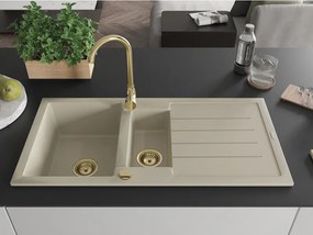 Mexen Andres, granitový drez 1000x500x200 mm, 1,5-komorový, béžová so zlatým sifónom, 6515101510-69-G