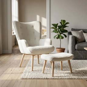Relaxačné kreslo ušiak ROMEO II + taburet — masívne drevo, látka bouclé, prírodná / biela