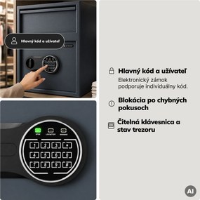 Depozitný trezor s vhadzovaním, elektronický zámok na kód, na peniaze a dokumenty, 345x455x300 mm: CEDRIC