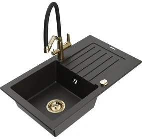 Mexen Pablo, granitový drez 752x436x161 mm, 1-komorový a drezová batéria Duo, čierna-zlatá metalíza, 6510-75-671701-57-G
