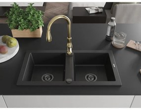 Mexen Mario, 2-komorový granitový drez 820x436x161 mm a drezová batéria Savita, čierna, 6504-77-672601-50-B
