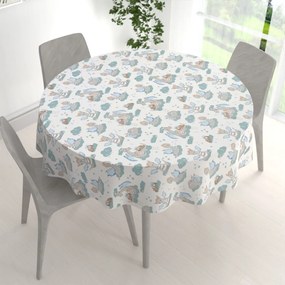 Biante Detský bavlnený okrúhly obrus Sandra SA-689 Dráčikovia s medvedíkmi na modrozelených obláčikoch na bielom Ø 150 cm