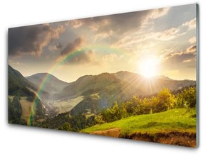 Skleneny obraz Lúka hory západ slnka 100x50 cm